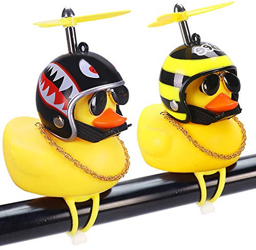 wonuu Gummi-Enten-Auto-Ornamente, 2 Stück, gelbe Ente, Auto-Armaturenbrett-Dekoration, Quetschente, Fahrrad-Hörner mit Propellerhelm