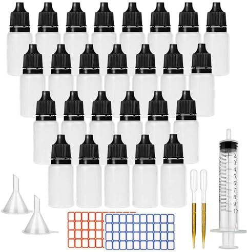 DONQL 26 Stück Augentropfenflasche Tropfflasche, 10ml fläschchen | Squeezable Dropper Bottles, Liquid Behälter Dropper Bottle mit 2 Set Aufkleber, 2Stk Trichter und 2Stk Reagenzglas