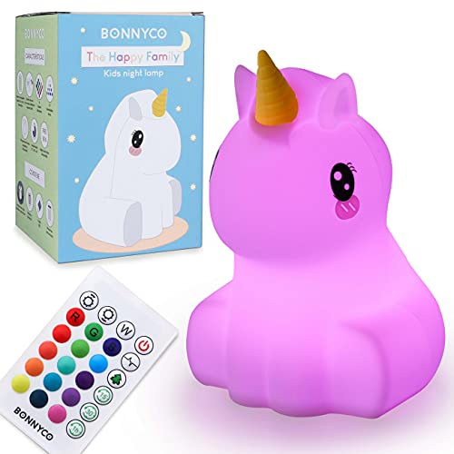 BONNYCO Night Light Kids with Remote and Touch Control 16 Colours. Unicorn Baby Night Light with Timer, Kids Lamp Silicone BPA Free. Cute Lamp Nightlights for Bedroom, Gifts for Girls Boys