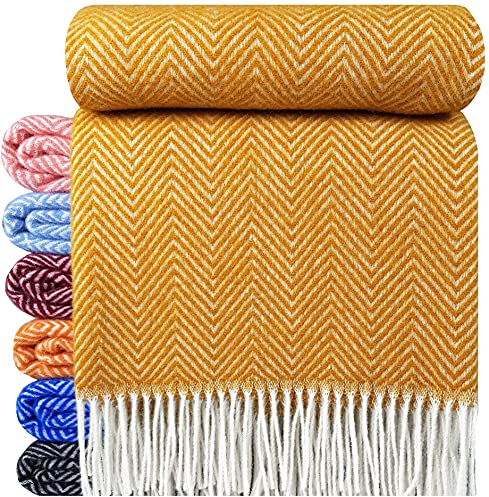 STTS International Wolldecke 100% Schurwolle Wohndecke 140 x 200 cm Tagesdecke Schurwolldecke Woll-Plaid Tirol in vielen Farben erhältlich (Senf (D-M))
