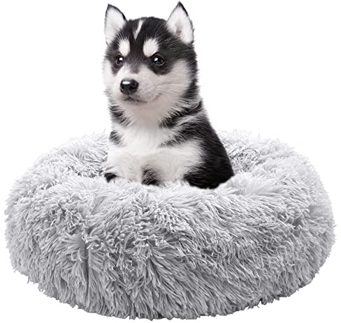 Fur & Bone Rundes Plüsch-Donut-Hundebett – Flauschiges, selbstwärmendes Haustierbett – waschbar mit Rutschfester & wasserdichter Unterseite – beruhigendes Hunde- und Katzenbett (50 cm, Grau)
