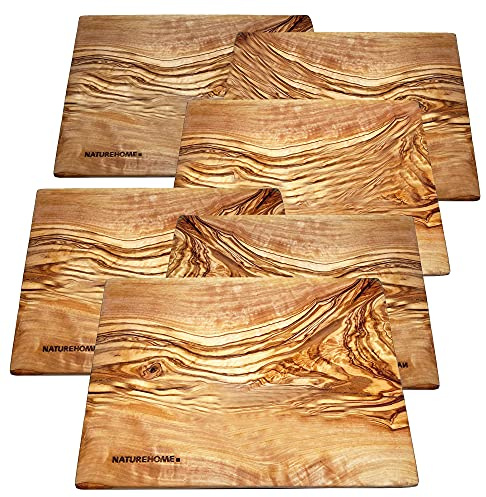 NATUREHOME Lot de 6 assiettes à dessert rectangulaires 20 x 15 x 1 cm en bois d'olivier massif issu de l'agriculture biologique Assiettes à dessert carrées Assiettes à dessert, assiettes à fruits