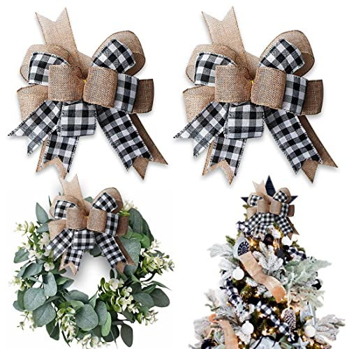 Hongsome Buffalo Plaid Burlap Bows for Wreath 2 Pack,12”x9.4”Large Rustic Farmhouse Decor Tree Topper Check Bow Decorations for Fall Wedding Holiday Party Wall Home Front Door Decorative(Black&White)