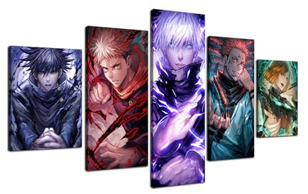 Wondbeau Leinwanddrucke Modulare Wandkunst Wandaufkleber 5 Teiliges Wandbild Druck auf Leinwand Malerei Moderne Abstrakte Poster Mit Rahmen L/150cm×80cm Anime-Jujutsu Kaisen,Yuji Gojo Sukuna
