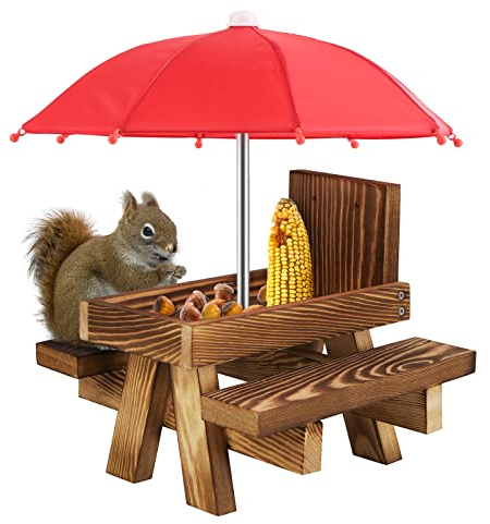 Petyoung Eichhörnchen- Feeder- Tisch mit Regenschirm Hölzerner Eichhörnchen Picknick- Tisch- Feeder mit Dauerhaftem Maiskolbenhalter Gartenschmuck für Eichhörnchen Chipmunk Wildlife