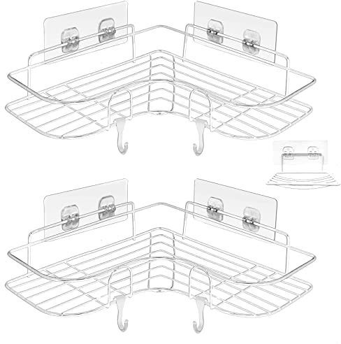ADORAMOUR Juego de Estantes para Ducha de Esquina - 2 Unidades Organizador de Baño con Porta Jabón, Estante de Almacenamiento con Adhesivo para Productos de Baño, Porta Champú, Blanco