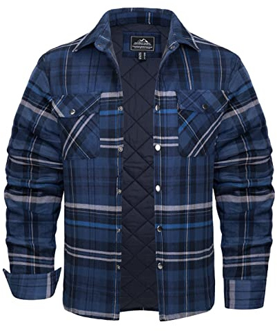 KEFITEVD Lumberjack Jacket Mens Cotton Flannel Shirt Plaid Warm Jackets with Pockets Flannel Checked Overshirt Blue Grey,XL