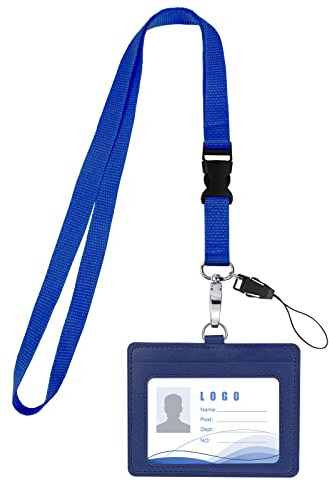 Vicloon Ausweishüllen für Lanyards, Ausweishülle PU, Band mit Ring für Schlüssel, Ausweishalter Leder für ID Karten,Work ID,Studentenausweis,Büro(Navy Blau)