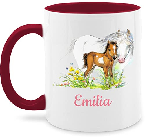 Tasse Tassen 325ml - Pferd und Fohlen mit Name personalisiert I Geschenk Pferde Mädchen I Pferdeliebhaber - 325 ml - Bordeauxrot - pferdetassen reitersachen pferden pferdemotiv glühweintassen