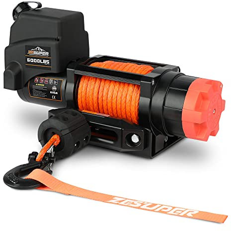 ZESUPER Cabrestante eléctrico impermeable IP67 de 6000 libras para UTV ATV, con cuerda sintética y Hawse Fairlead, con control remoto inalámbrico de mano y con cable
