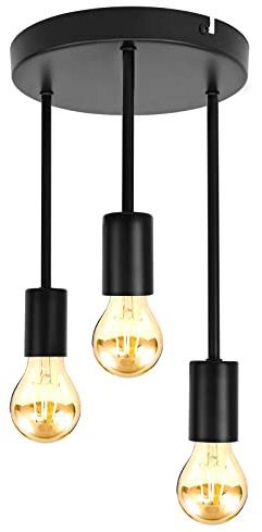 URing Lámparas de Techo Vintage 3 Luces, E27 Lámparas Techo Colgante industriales Metal retro candeeiro teto Iluminación de Techo Plafón de Interior Para salón comedor cocina Dormitorio, Ø20cm, Negro