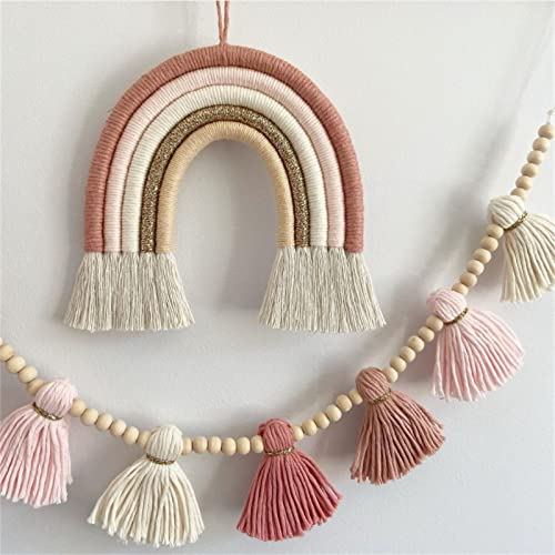 Trayosin Regenbogen Wandbehang Set Makramee Wandteppich handgewebte Regenbogen Makramee Wandteppich, Wanddeko mit Holzsäule und Quasten für Neugeborene Babyzimmer (3)