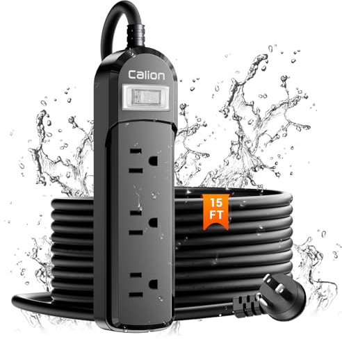 Calionltd IPX6 Outdoor Power Strip Weatherproof,15 FT SJT16Awg Extension Cord 3 Wide Outlets 1875W Overload Protection, Waterproof Surge Protector for Office,Dorm Room,Patio,Christmas Lights