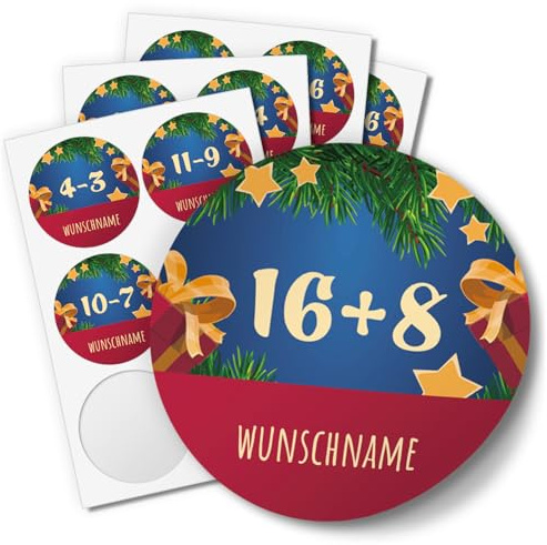 24 PERSONALISIERTE Adventskalender Etiketten mit Ihrem Wunsch-Namen und 1-24 Zahlen Mathe Aufgaben rechnen blau rot 4cm niedlich Geschwister Bruder Schwester Name individuell