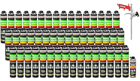 Isolbau Bauschaum-Set - Inkl. 48 x 1K Montageschaum B2 Pistolenschaum mit hervorragender Schall und Wärmedämmung (je 750 ml), 1 x PU-Schaum-Reiniger (500 ml) & 1 x Schaumpistole, Verfüllen