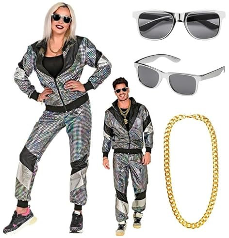 Set 80er Jahre bunter reflektierender Trainingsanzug - Gr. S bis 2XL - mit Brille und Goldkette S - 170-177 cm