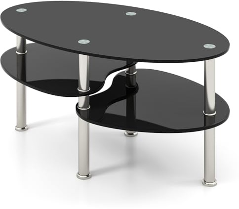 COSTWAY Tempered Glass Coffee Table, 3-Tier Oval Cocktail Tea Center Table with Open Storage Shelves, Modern Accent Snack End Sofa Side Tables for Living Room, Bedroom and Office (Black)