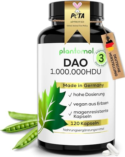 120 DAO Kapseln - 333.333 HDU je Kapsel - DAO vegan - plantomol® | Individuell dosierbare Diaminoxidase Kapseln vor jeder Mahlzeit - 1 bis 3 Kapseln/Tag - DAO Enzym aus Erbsen