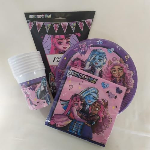 Lote de Vajillas Juveniles Monster High (8 Vasos, 8 Platos (23 cm), 20 Servilletas y 1 Banderín) .Detalles y Decoración para Fiestas de Cumpleaños, Halloween, Bodas, Bautizos, Comuniones. AB