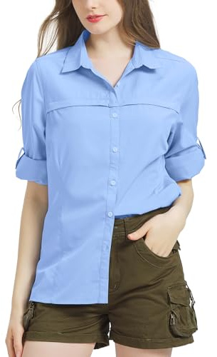 Blusa para mujer UPF 50 con protección UV, camiseta de manga larga para mujer, ropa de safari, transpirable, de secado rápido, para exteriores, para senderismo, informal, top deportivo, azul, L