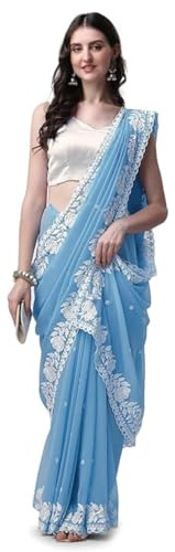 Estationeryhouse Sari de créateur en georgette brodée avec chemisier pour femme (Skyblue)