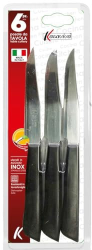 Kasaviva Coltelli da Bistecca, Set di 6pz per Tavola, ideali anche per Carne e Pizza, Lama in Acciaio Inox, Manico Indeformabile (1, Neri), 164986