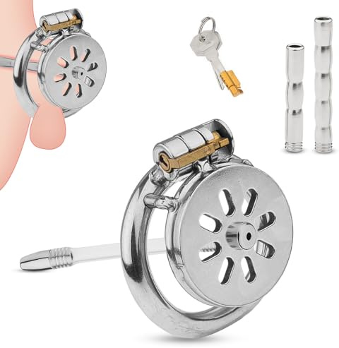 AMZII Flat Keuschheitsgürtel,Edelstahl Peniskäfig Keuschheitskäfig(50mm) | Mini Chastity Cage Male mit 3 Typen Dilator Harnröhre,Klein Cock Cage mit Penis Plug,BDSM Set Sex Spielzeug für die Männer