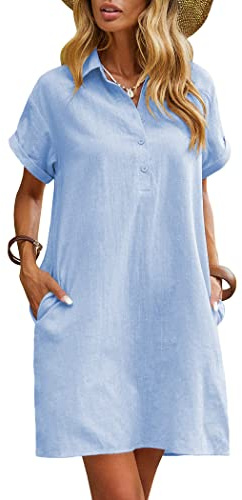 Zeagoo Abito Estivo da Donna Abiti in Lino al Ginocchio Abito Casual da Spiaggia Abito a Maniche Corte Abito Estivo a Camicia Abito Casual con Tasche Verde Militare L