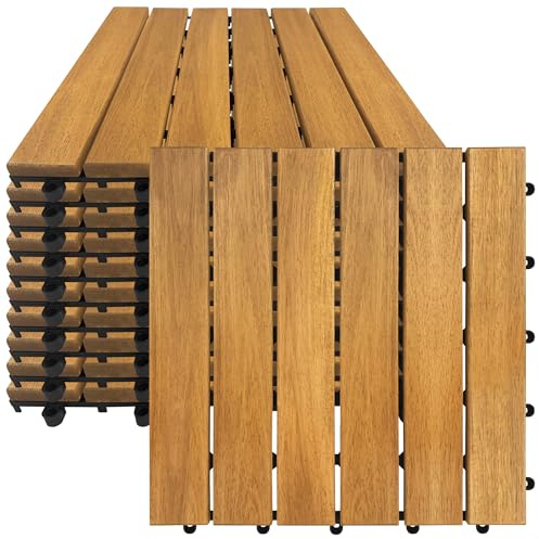 PEILU Akazienholz Terrassenfliesen 30x30cm Holz Klickfliese Platten mit Plastik Entwässerungsnetz Wetterfeste Balkonfliesen 11er Set Bodenbeläge Fliesen für 1m² Balkon Terrasse Garten Teiche (Type A)