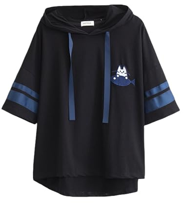 Kawaii kortärmad T-shirt söt katt och fisk broderi pullover t-shirts tonåringar lös huva t-shirt toppar, Svart, one size