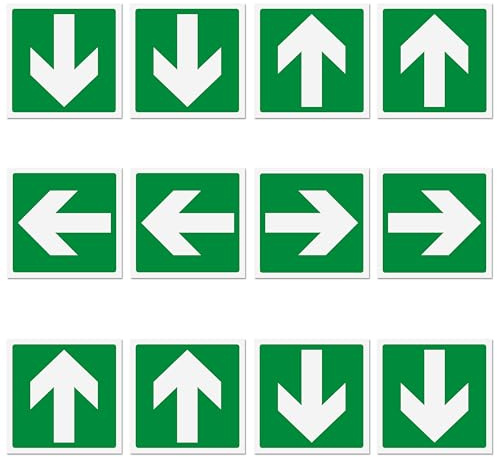 12 pegatinas para flechas de salida de emergencia, formato 12 x 12 cm, señal de salida de seguridad, 12 unidades