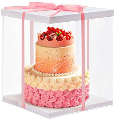 Warmiehomy Transparente Kuchenbox, 30 x 30 x 35 cm, für 25,4 cm hohe Kuchenbox, transparente Kuchen-Geschenkboxen mit Deckel und Band, Kunststoff-Geschenkboxen für Geburtstag, Hochzeit, Weihnachten,