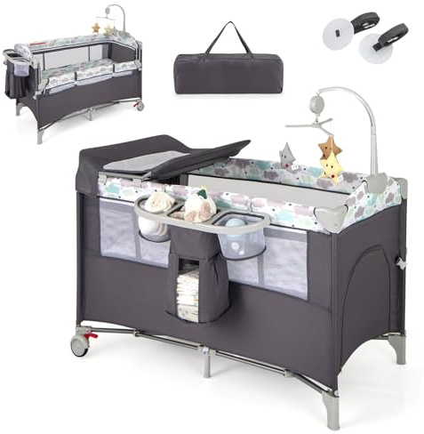 RELAX4LIFE 5 en 1 Cuna Infantil Bebe con 2 Ruedas Bloqueables, Cambiador, Correa Fijación, Caja de Música y 3 Juguetes Colgantes, Cuna con Colchón y Bolsa de Transporte para Bebés 0-36 Meses (Gris)