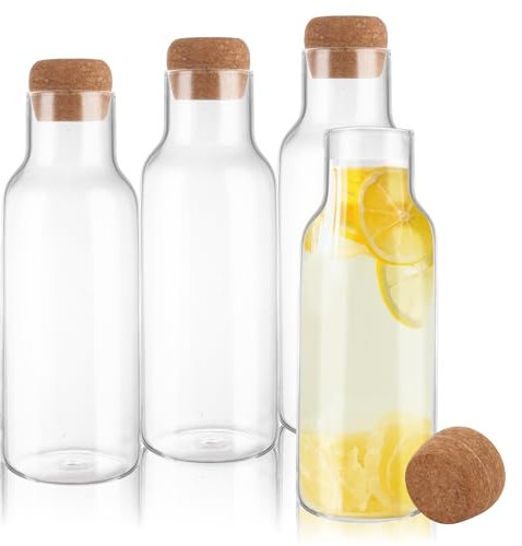 LOPYXBR Carafe en verre avec couvercle en liège – Bouteille d'eau transparente de 1 L pour boissons froides, lait, jus – Bocal réutilisable