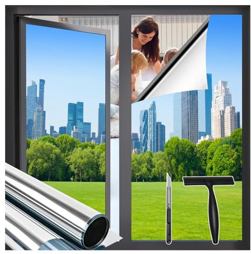 Sevenpers One Way Window Film, Privacy Film for Glass Windows Anti UV Anti Glare Heat Reducing Mirror Window Film Daytime Privacy See Out Not In Reflective window film Self Adhesiv Silver 44.5x200cm