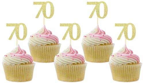Sotpot 30PCS Gold Glitter 70th Birthday Cupcake Toppers Cheers to 70 Years Cupcake Picks for 70th Birthday Anniversary Party Decorations