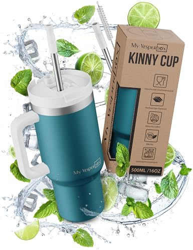 My Vesperbox Kinny Cup – Edelstahl Thermobecher mit Henkel & Strohhalm (500/950 / 1200 ml) – Isolierbecher To Go für Kaffee, Eis & Alltag – BPA-frei, Auslaufsicher, Spülmaschinenfest