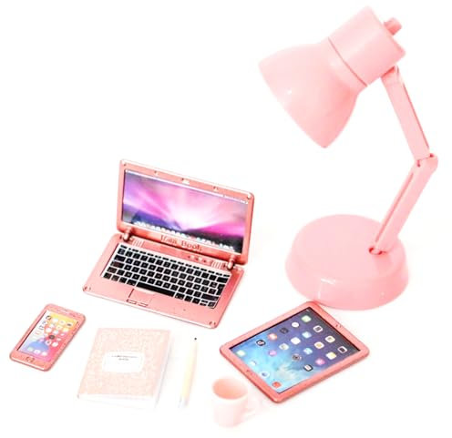 6Pcs/Set Dollhouse Accessories, Mini Laptop Tablet Phone Mini Books Cup Pencil, Miniature Office Set Realistic 1/12 Scale Accessories for Dollhouse Crafts Scene