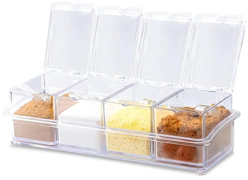 GOEDCH Juego de 4 Caja de Condimento: 2 Juegos con Cajas de Especias 4 en 1, Frascos de Especias Cuadrados con Cucharas, Botes de Especias de Plástico Transparente para Sal Pimienta, Cocina Contenedor