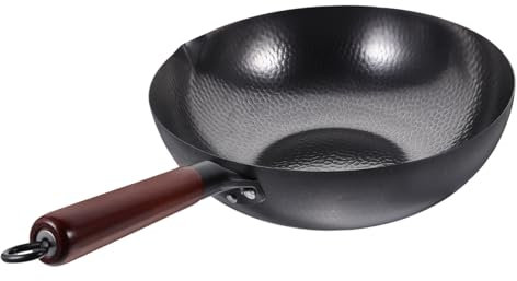 ULTECHNOVO Wok in Ferro Battuto Nero Antiaderente per Cucina, Padella Wok Rotonda Piatta Facile da Pulire Design Semplice e Capacità di Carico Elevata per Fornelli a Gas