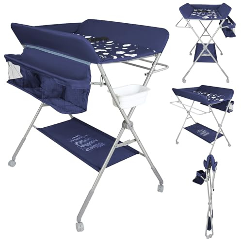 homewell Wickeltisch, Baby Wickelkombi Faltbar Tragbar, Höhenverstellbar, Klappbare Wickelkommode mit Aufbewahrungskorb und 4 Rollen, Platzsparend & Stabil (Marine)