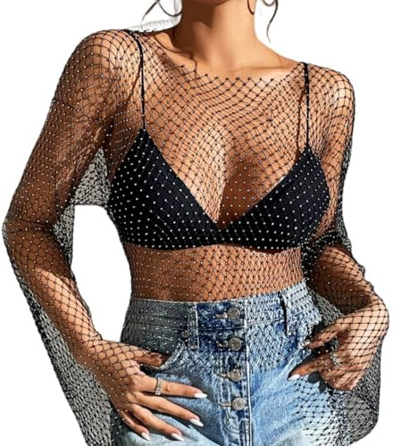 Damen Strass Glänzendes Mesh Körperkette Tops Durchsichtiges Fischnetz Crop Top Sexy Strasssteine Glitzer Netz Oberteil Netzoberteil Langarm Ärmellos Bluse Bikini Cover Up für Nachtclub Party Festival