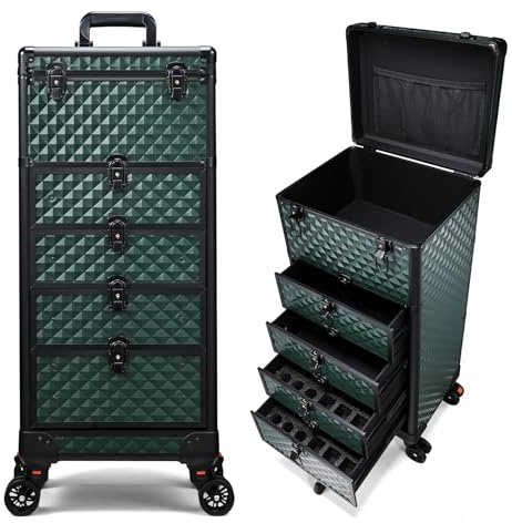 Kosmetik Trolley mit 4 Schubladen Friseurkoffer Groß Kosmetikkoffer Ngaelkoffer Make up Koffer mit 360° drehbare Rollen Schminkkoffer Abschließbarer Nageldesign Koffer Werkzugkoffer,Dunkelgrün