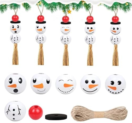 120 Stück Schneemann Holzperlen Weihnachten Set, Schneemanns-Gesicht Holzperlens mit Hanfseil, Schneemann-Gesicht Holzperlen-Set Wooden Beads Christmas Perlen für DIY-Basteleien, Winter-Dekoratione