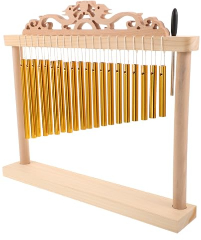 UKCOCO 20-note Single-row Bar Chimes with Wood Stand and Mallet, Responsive Sound Quality and Accurate Pitch Calibration, Golden Metal Wind Chime Instrument for Stage and Band Ensemble