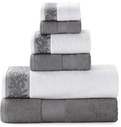 Modern Threads 6-teiliges Handtuch-Set mit filgree-Jacquard-Bordüre, 600 g/m², Anthrazit
