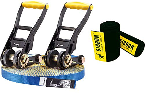 Gibbon Slacklines FlowLine | 1 Zoll / 2,5cm Band | Anfänger & Fortgeschrittene | Doppelratsche & Spacer | Zweifarbiges Gurtband | Inkl. TreeWear | Perfekte Freizeitbeschäftigung