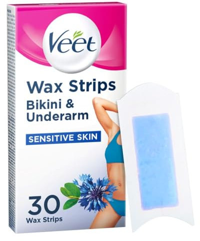 Veet Bikini & Underarm Cold Wax Strips, 30 Count, Brazilian Hair Removal, Sensitive Skin, Smooth Finish, Ideal Eyebrow Shaping, Gentle Waxing Solution