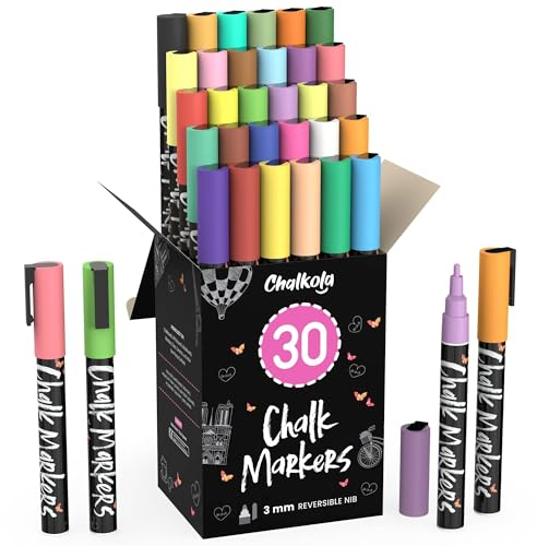 Chalkola Kreidestifte für Tafel Abwaschbar - 30 Kreidemarker 3mm Umkehrbare Spitze - Kreide Stift für Fenster, Tafel, Keramik, Whiteboard und als Glasstift. Chalk markers für Erwachsene & Kinder