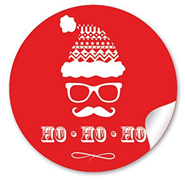 48 STICKER: Weihnachtsaufkleber HO HO HO in ROT mit Hipster Nikolaus/Weihnachtsmann zu Weihnachten für Geschenke • Papieraufkleber/Sticker/Aufkleber/Etiketten (Format 4 cm, rund, matt)